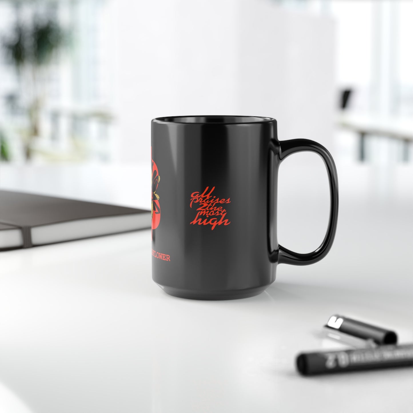 UNOBTCPOWERFLOWER Black Mug, 15oz